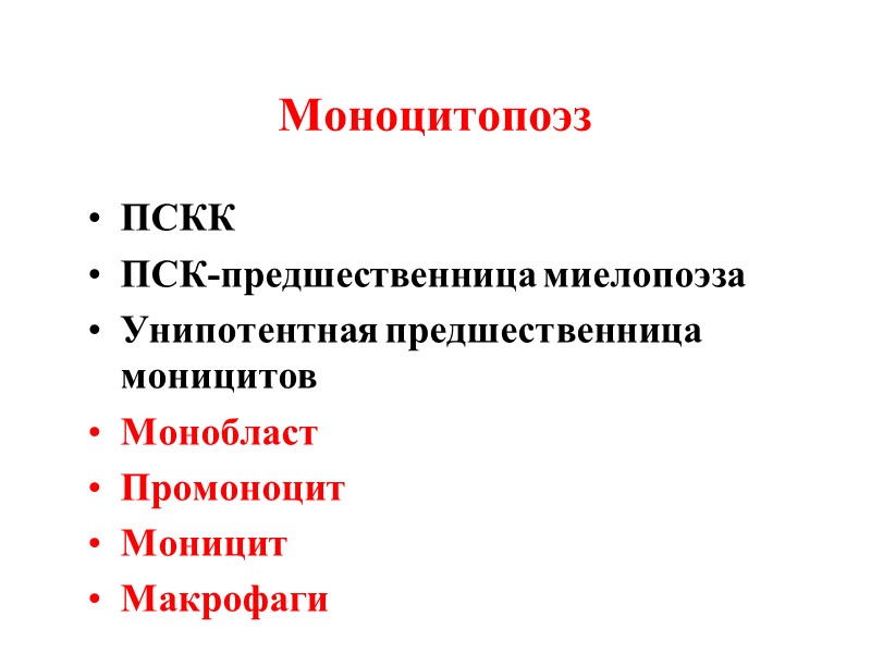 Моноцитопоэз ПСКК  ПСК-предшественница миелопоэза Унипотентная предшественница моницитов Монобласт Промоноцит Моницит Макрофаги